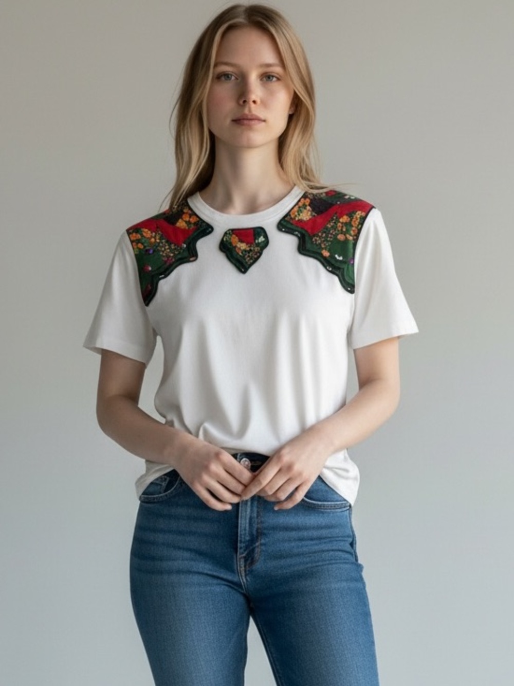 Coach White Short Sleeve Tee with Red & Green Floral Appliqué